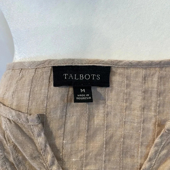 Talbot Linen Top Blouse Beige Size M Pleated Long Sleeve Pullover V Neck - Picture 4 of 4